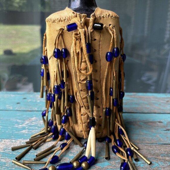 Native American Plains Canteen Bag 10" Leather Brass‎ Conicals Cobalt Blue Beads - Picture 2 of 13